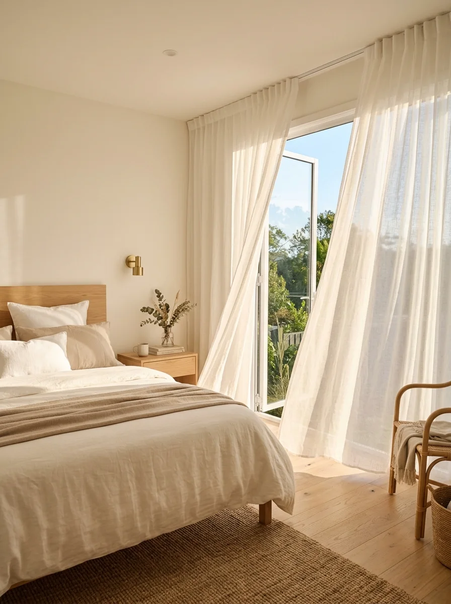 Minimalist bedroom featuring linen bedding, sheer curtains, light wood furniture, woven rug, and soft natural daylight.