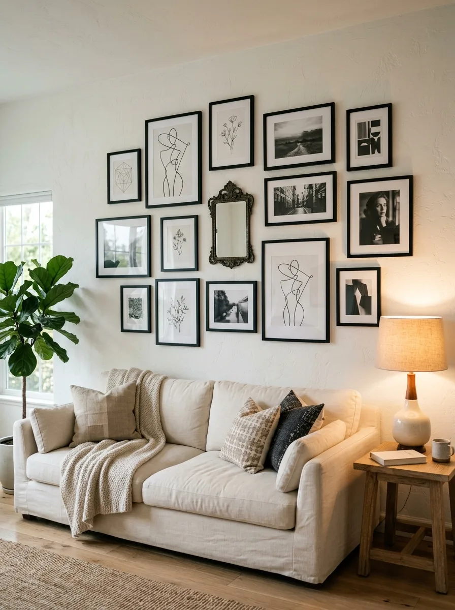 Cream living room with black frame gallery wall, neutral sofa, textured pillows, and wooden side table lamp.