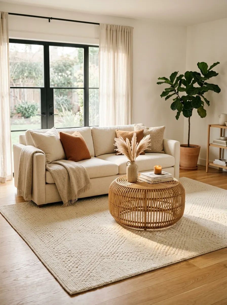 Bright living room with cream sofa, ivory rug, woven coffee table, pampas grass, and indoor fiddle leaf fig.