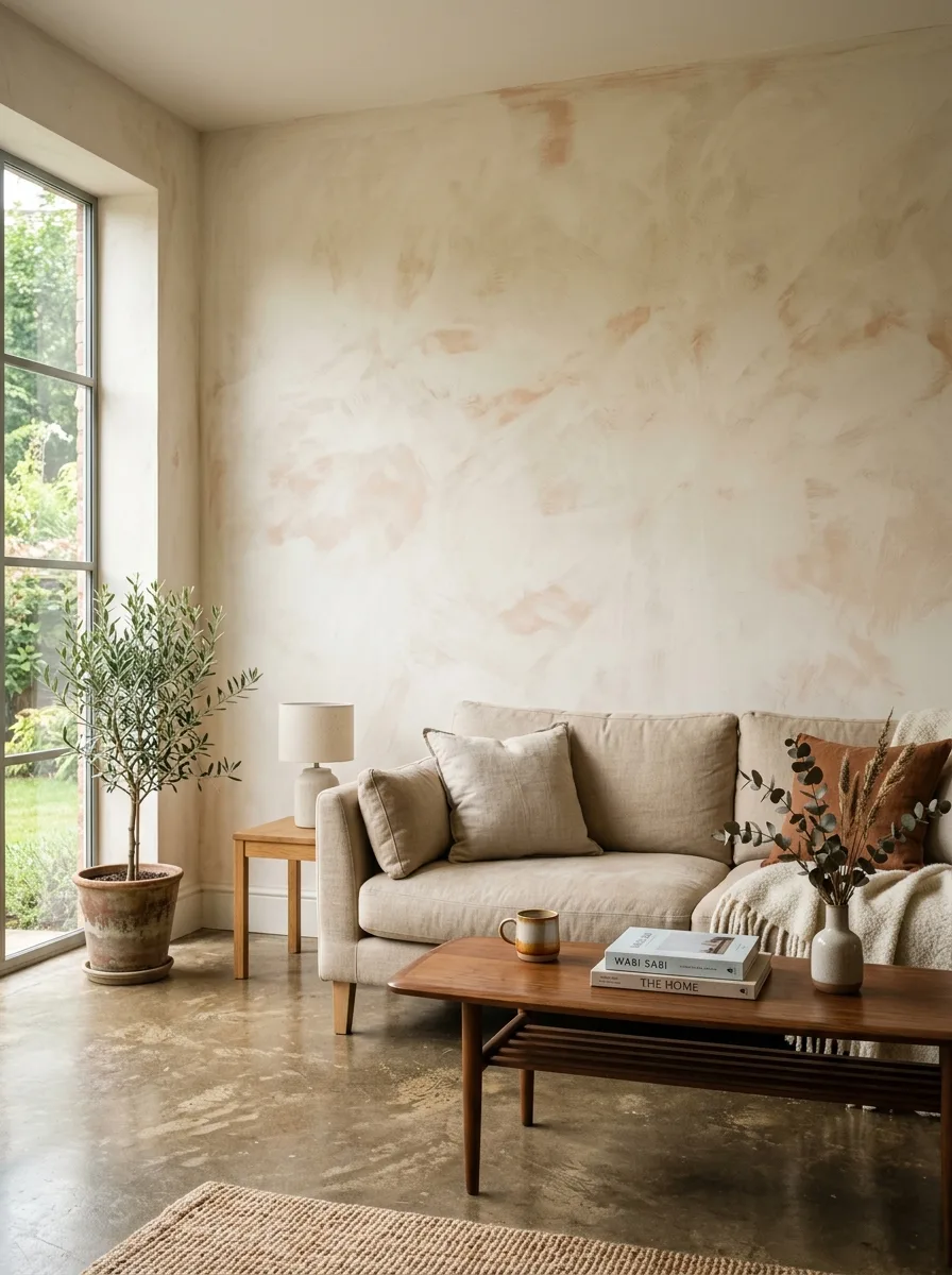 Living room featuring a textured wall finish, beige sofa, wood coffee table, indoor plant, and soft natural light.