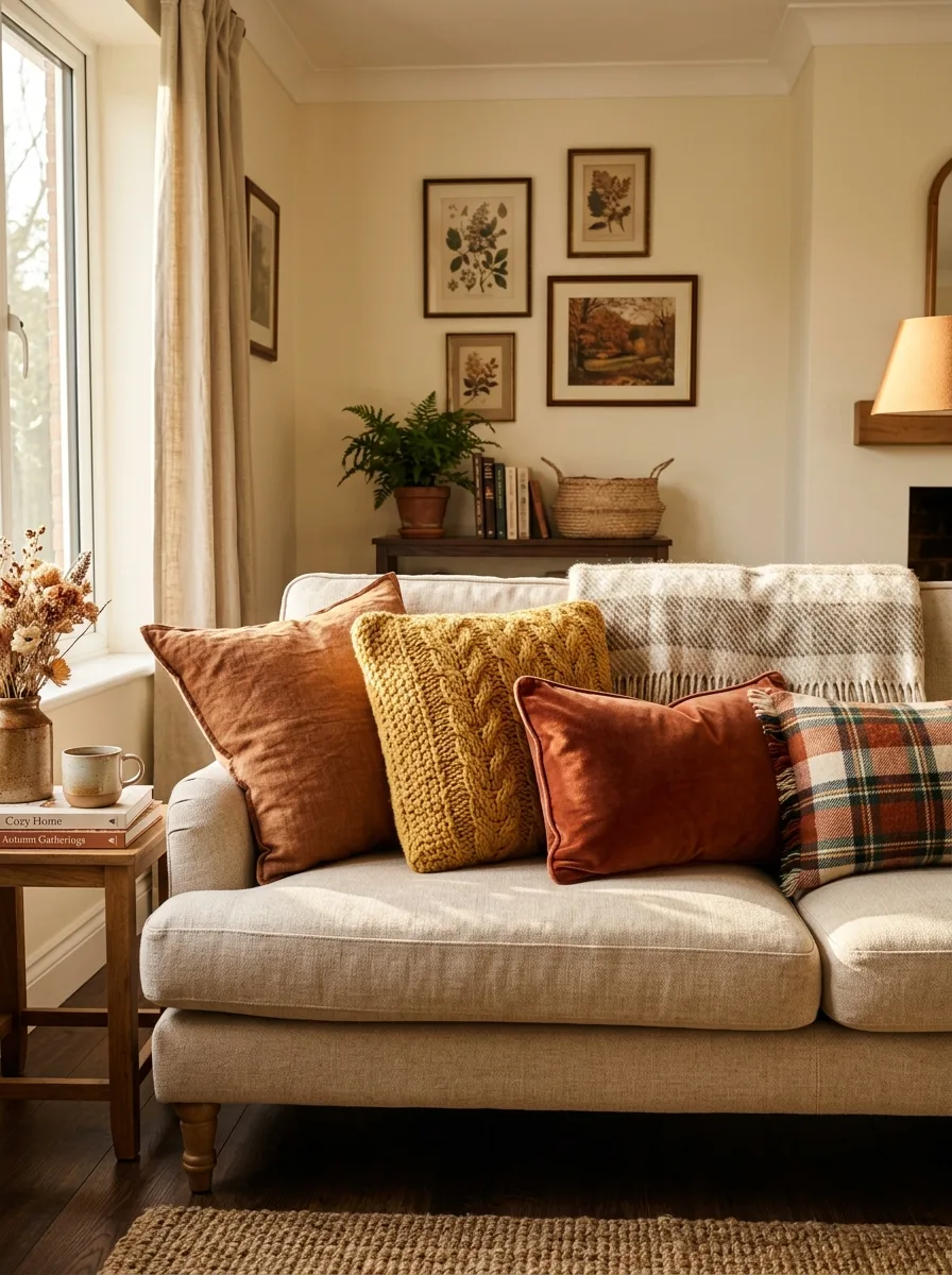 Light-colored sofa layered with knitted and plaid cushions, soft throws, framed artwork, and warm seasonal decor.
