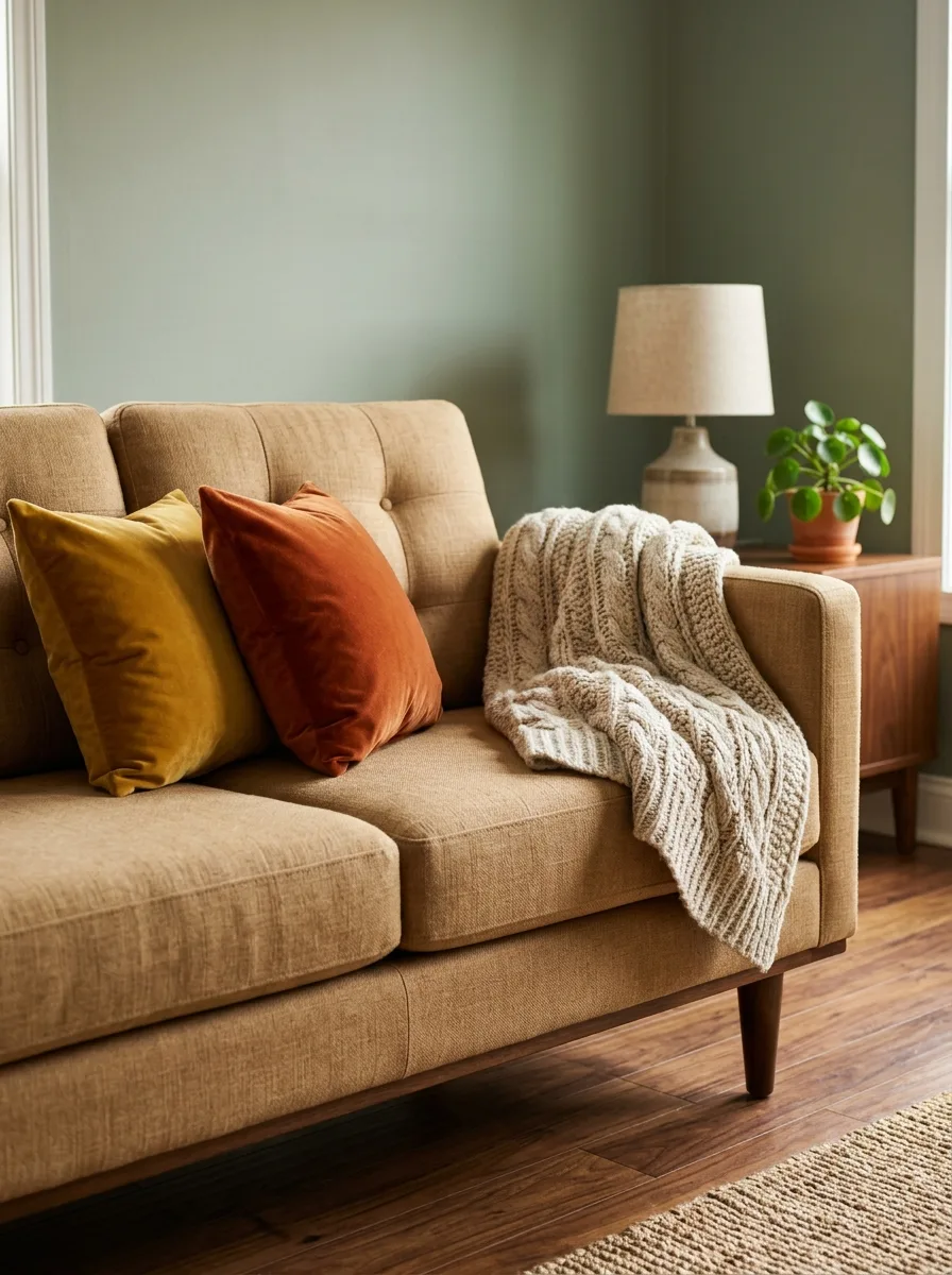 Close-up of neutral sofa with velvet accent pillows, knitted throw blanket, and warm wood flooring.