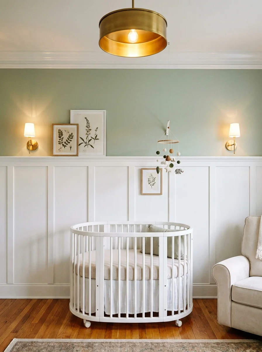 14 French-Inspired Nursery Ideas That Never Feel Outdated 3 White wainscoting and sage green wall in a classic French-inspired nursery with round white crib