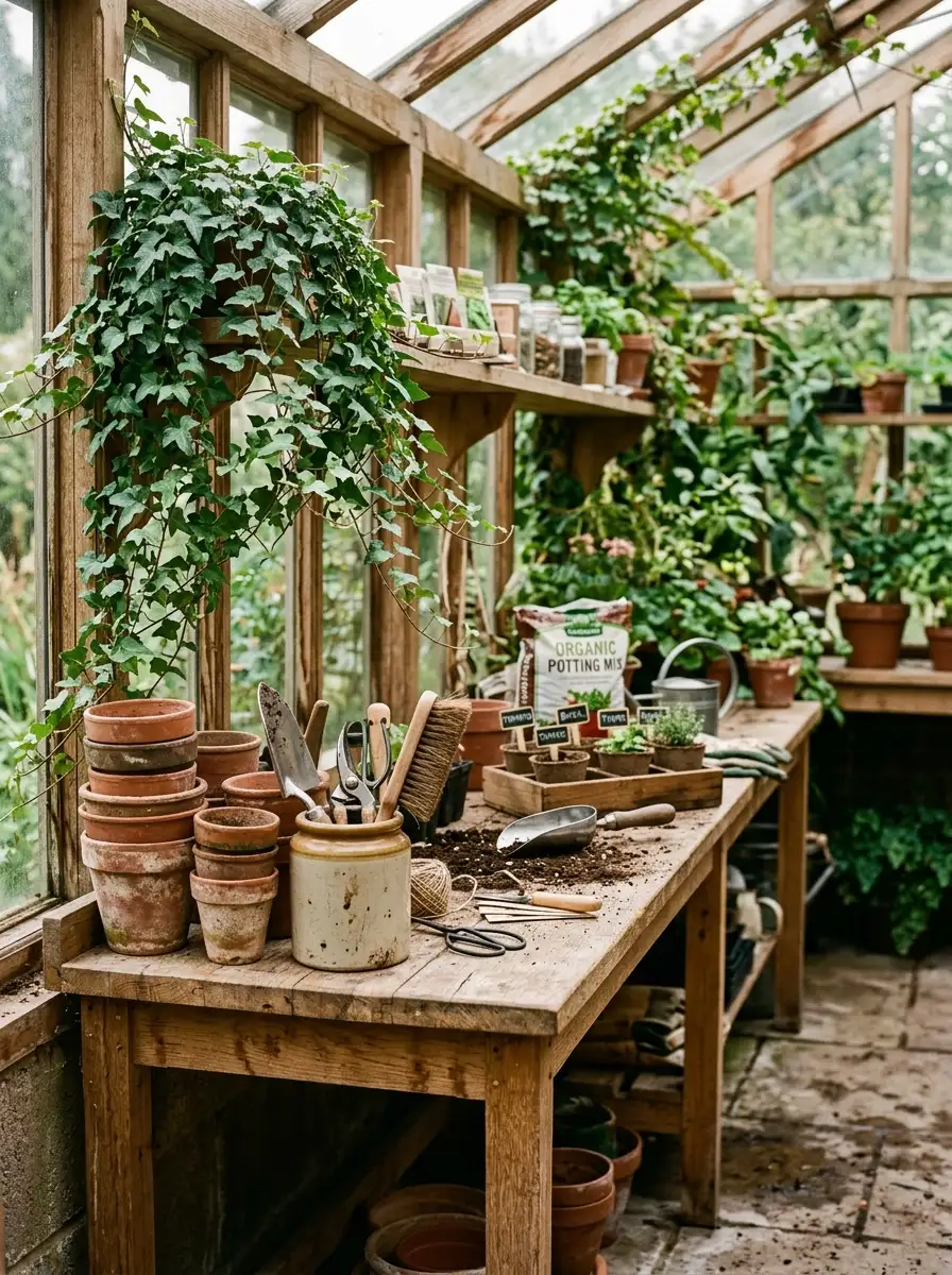 Wide natural oak potting bench along greenhouse interior wall with terracotta pots, small tools and trailing ivy in warm diffused light