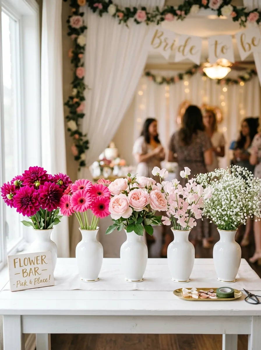 Ombre pink flower bar ideas transitioning from magenta dahlias to white baby's breath in white ceramic vases