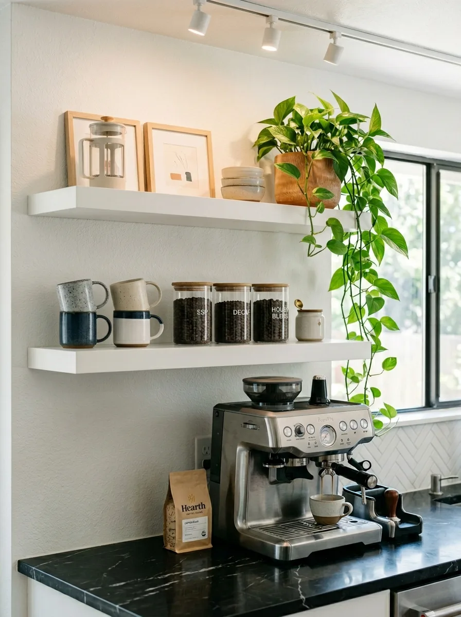 Open floating shelves with ceramic mugs and espresso machine on black marble countertop — a sleek home coffee station ideas setup.