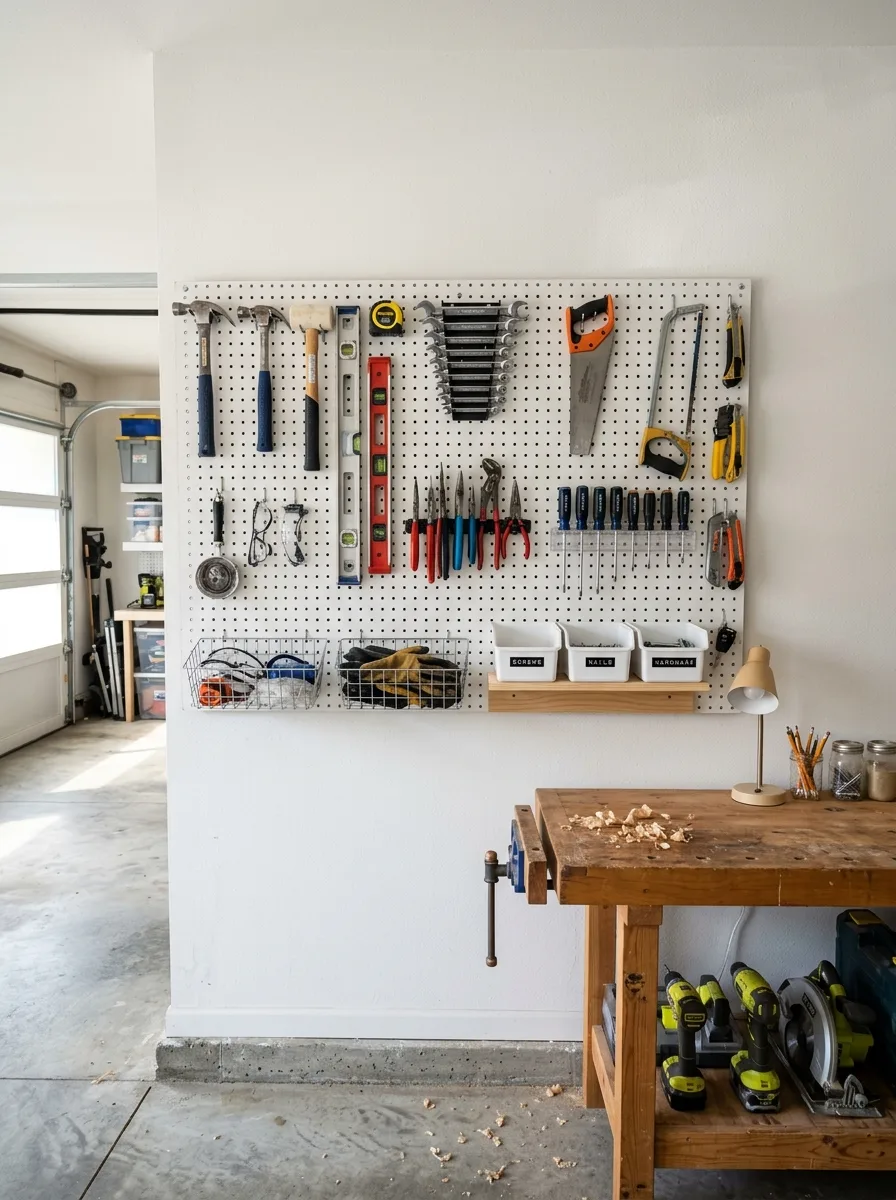 Garage workshop with a white pegboard organizing hand tools, storage bins, and a wooden workbench.