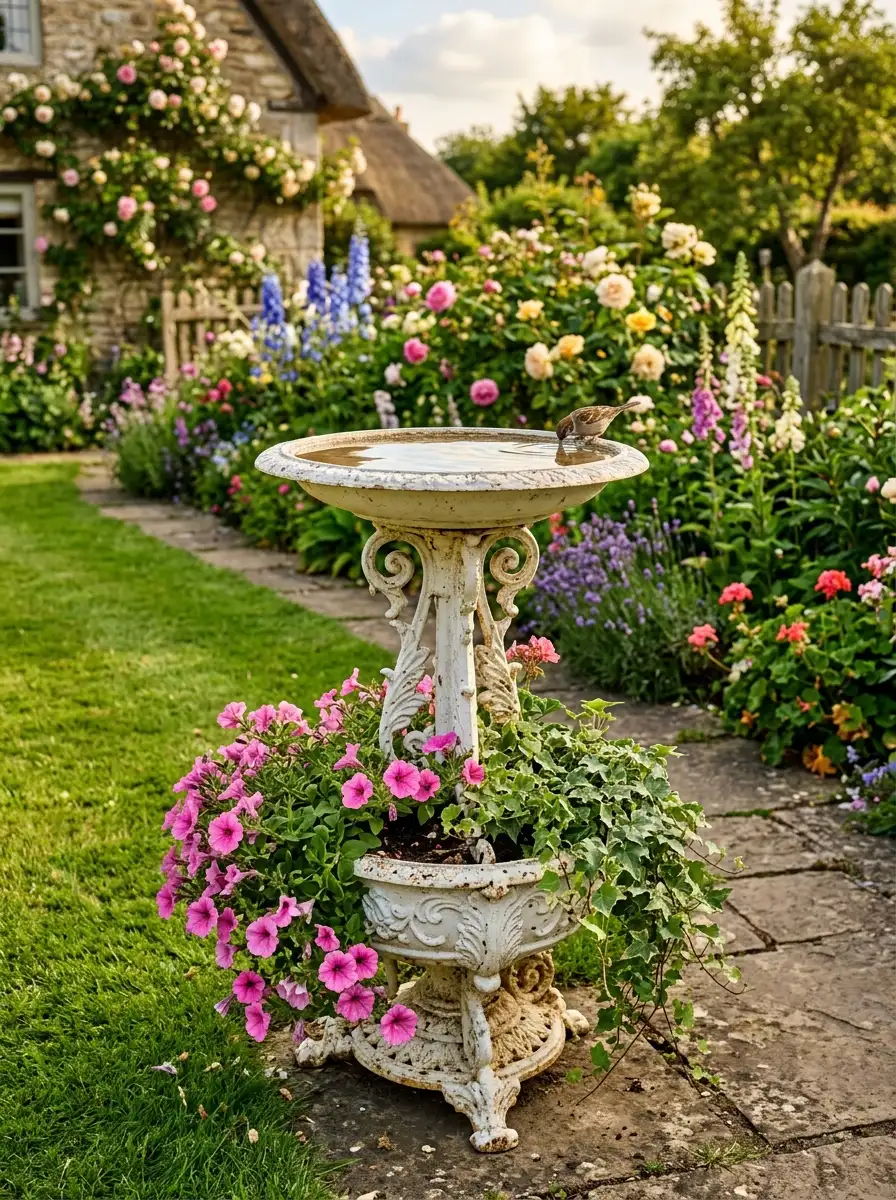 White cast-iron bird bath pedestal with water basin and lower planter of pink petunias and ivy in a cottage garden