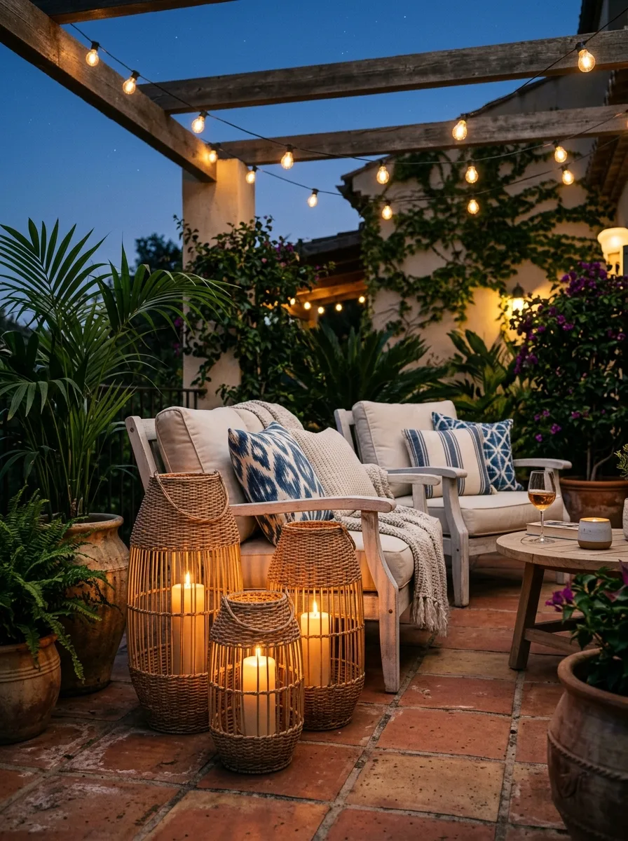 Evening patio lounge featuring rattan lanterns, candlelight, cushioned seating, potted plants, and overhead string lights.