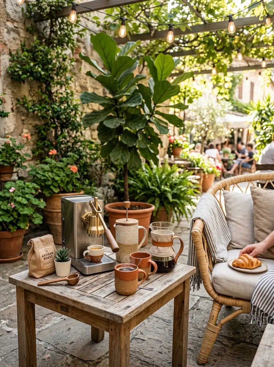 Outdoor patio coffee bar with espresso maker, French press, terracotta mugs, and string lights — warm al fresco coffee corner ideas.