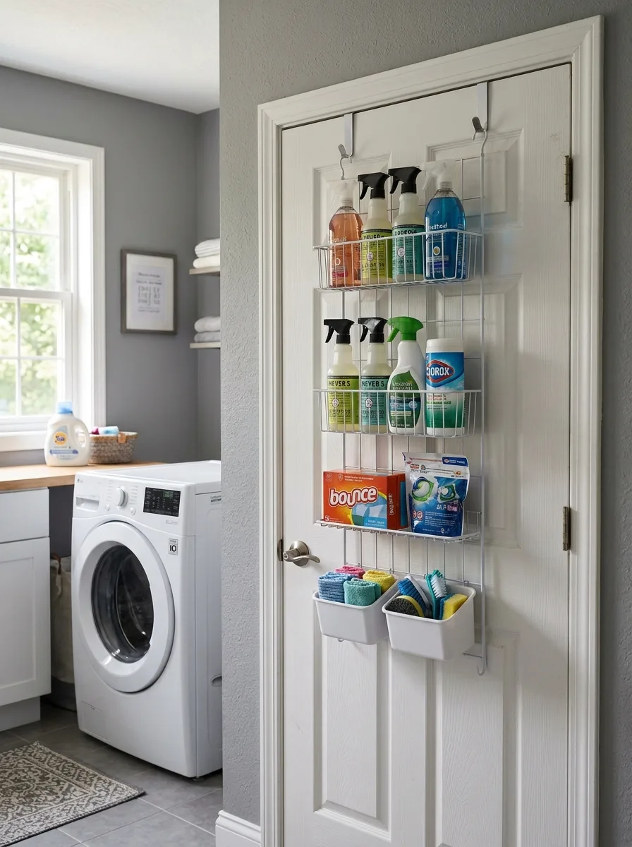 Slim over-door organizer with bottles and bins on laundry room door — small laundry room ideas for vertical storage
