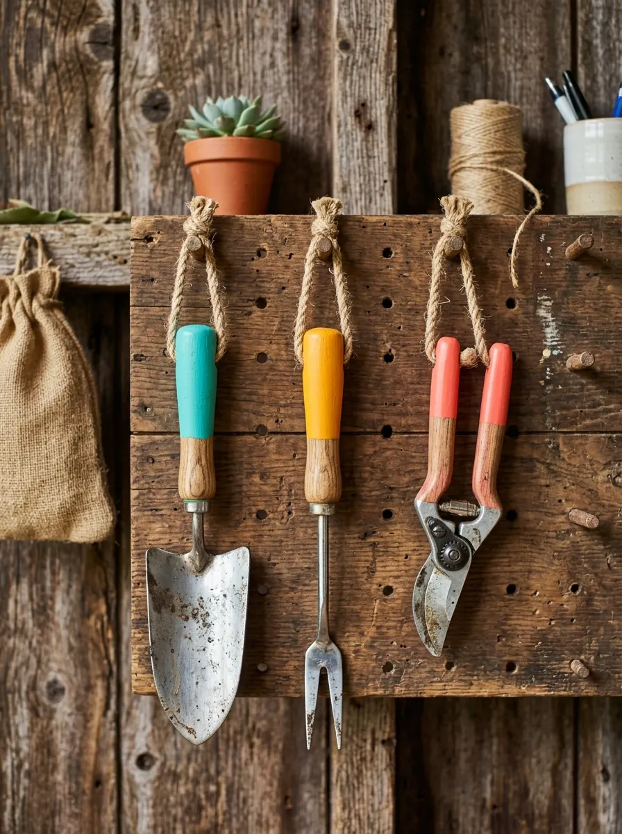 Garden hand tools with colorfully painted dipped handles in turquoise saffron and coral displayed on a rustic wooden pegboard
