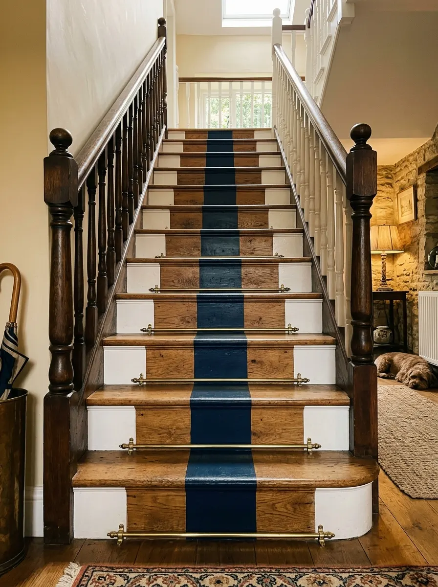 Wood staircase featuring a painted navy runner design, white risers, dark banisters, and brass stair rods.