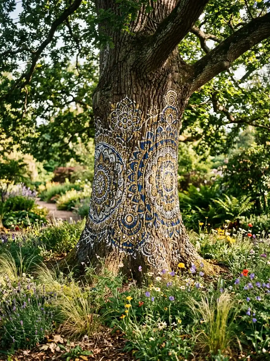 Wide garden tree trunk painted with intricate mandala patterns in white gold and blue surrounded by wildflowers and ornamental grasses