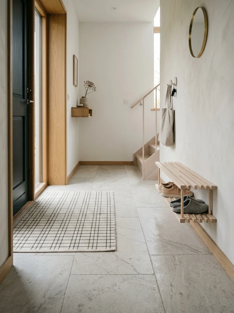 Japandi entryway style featuring pale limestone floor tiles, woven cotton grid mat and slim birch shoe rack