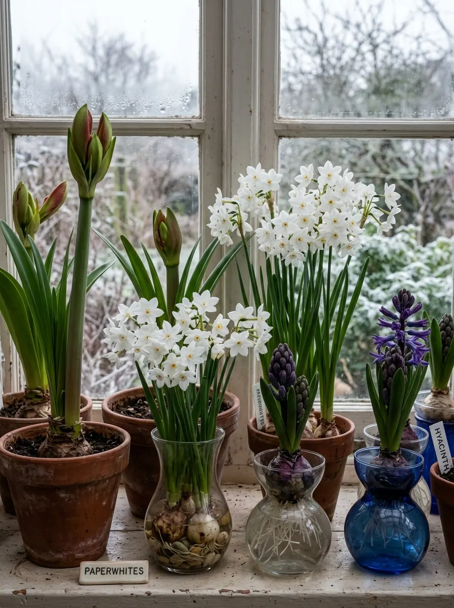 Paperwhites, hyacinths, and amaryllis bulbs growing in pots and glass containers on a bright windowsill.