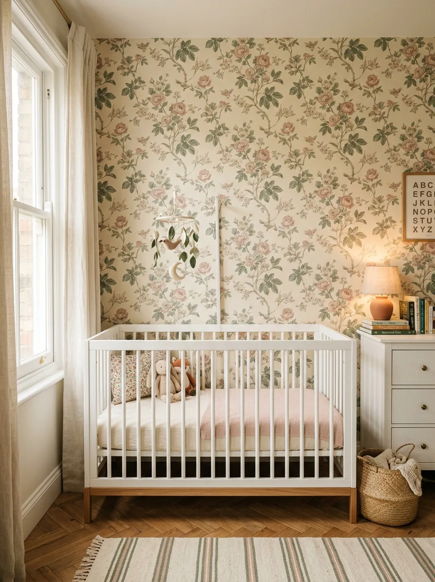 14 French-Inspired Nursery Ideas That Never Feel Outdated 6 Botanical floral wallpaper in pink and sage tones as a nursery feature wall of elegant nursery room ideas