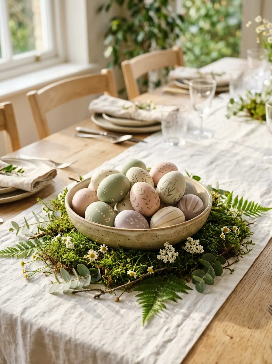 Decorative bowl filled with patterned pastel eggs resting on moss, greenery and wildflowers atop a table runner.