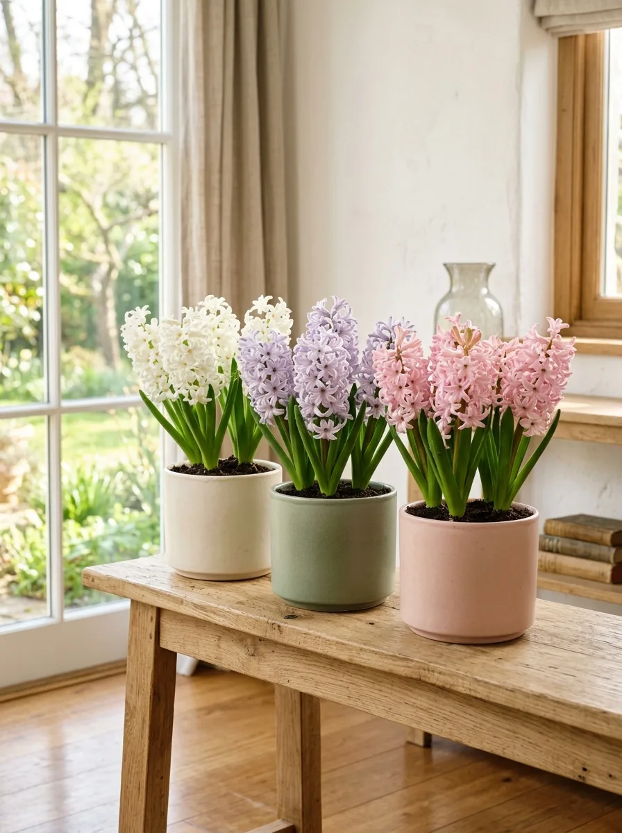 Three ceramic pots holding blooming hyacinths in white, lavender and pink on a rustic wooden bench.