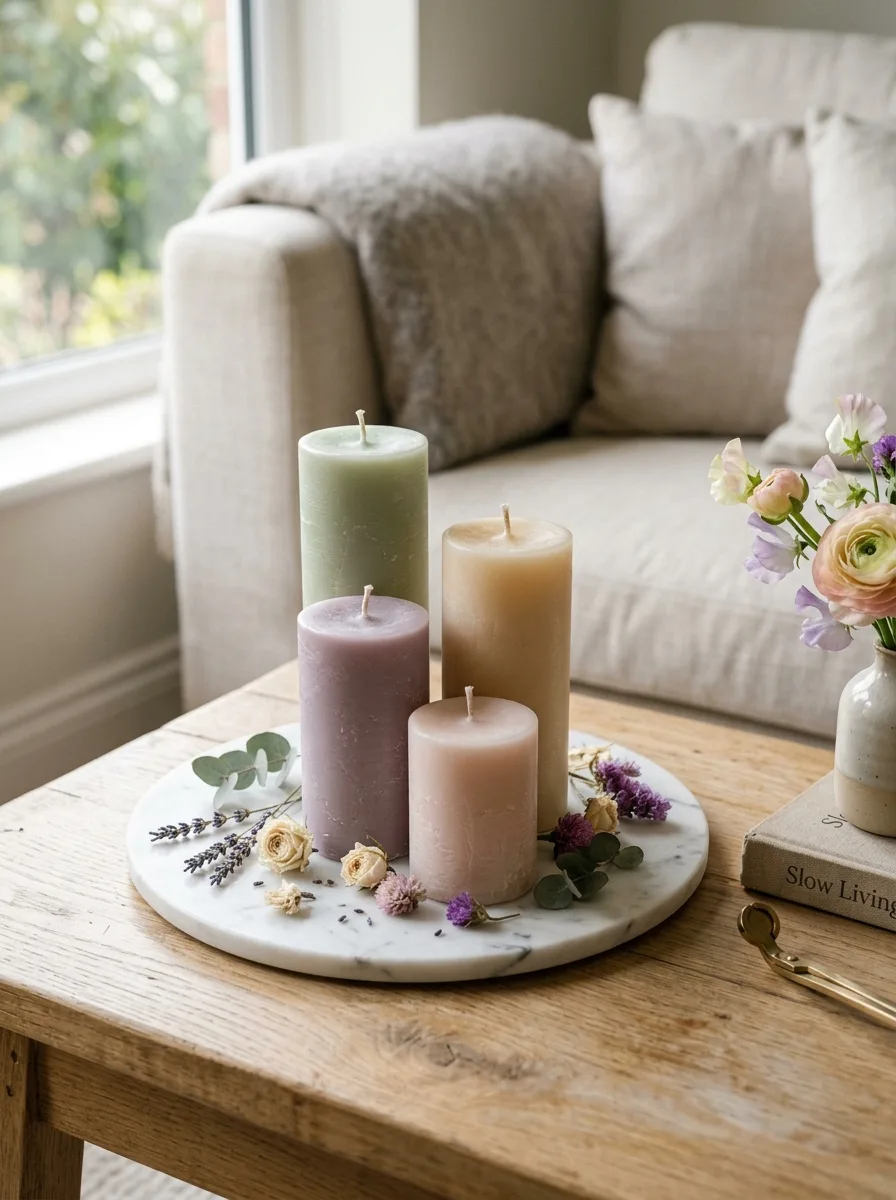 Pastel pillar candles arranged on a round marble tray with dried flowers on a wooden coffee table beside a sofa.