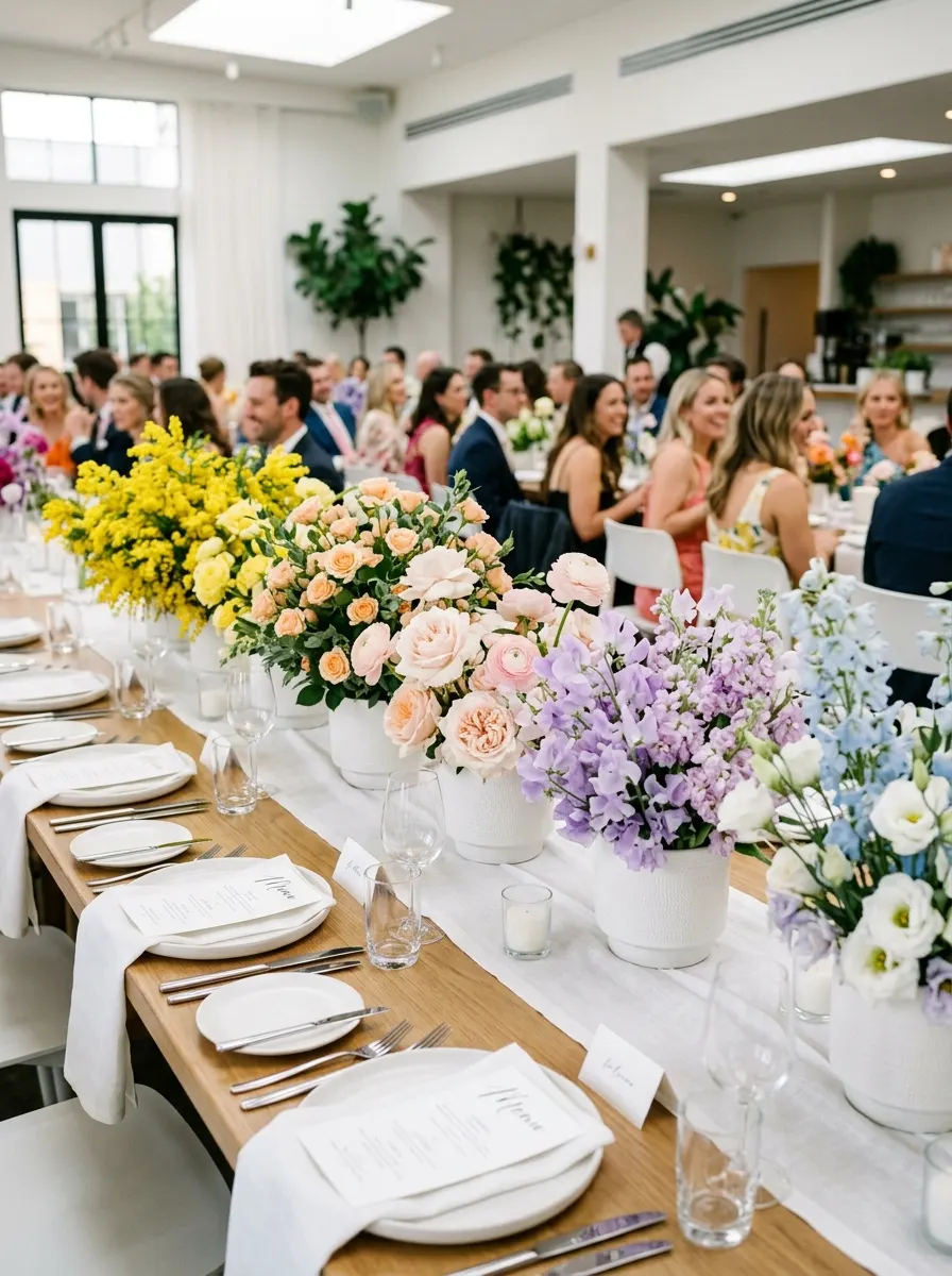 Pastel rainbow flower bar ideas arranged in a color gradient from yellow to blue on a white banquet table