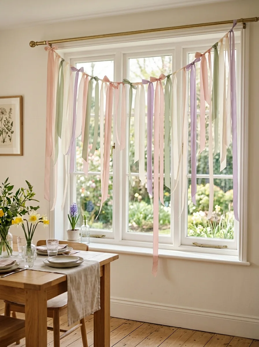 Soft pink, green and lavender ribbon garland hanging across a large window in a light-filled dining area.