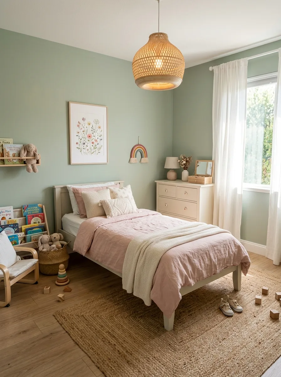 Pastel sage green kids bedroom with blush pink bedding, rattan pendant light, and watercolor floral wall art