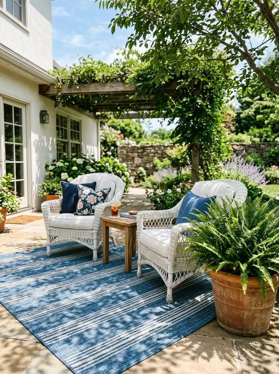 Garden patio featuring white wicker chairs, blue striped outdoor rug, potted ferns, and flowering greenery.