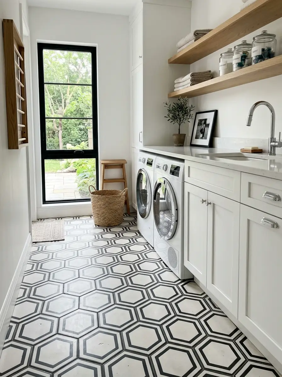 Black and white hexagonal tile floor in small laundry room with white cabinets — laundry room ideas for small spaces with pattern