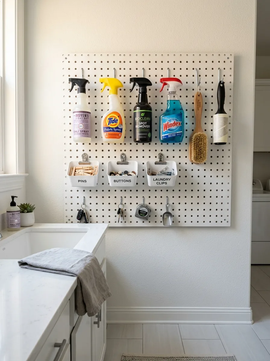 White pegboard with metal hooks and white bins on laundry room wall — tiny laundry room makeover with vertical storage