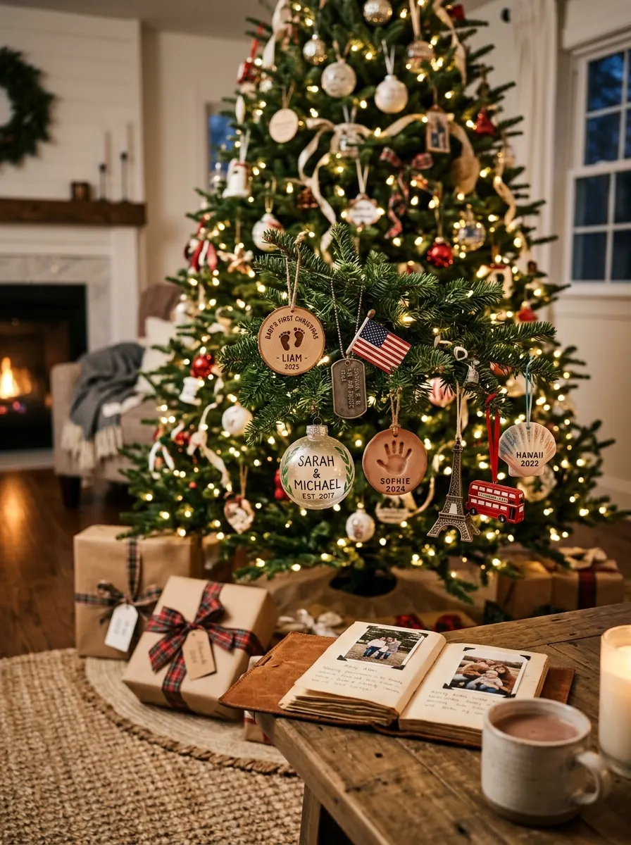 Christmas tree featuring custom ornaments, travel souvenirs, family mementos, and wrapped gifts in a cozy home.