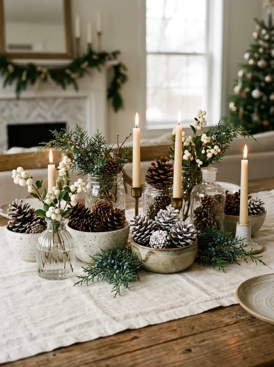 Winter tabletop display with frosted pinecones, glass jars, greenery, and taper candles on a linen cloth.