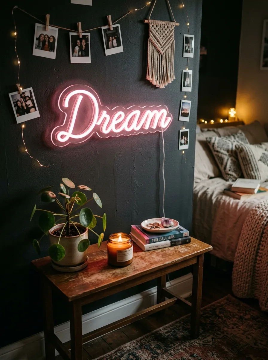 Pink cursive LED neon sign glowing on dark teen bedroom wall above small wooden console with plant and candle
