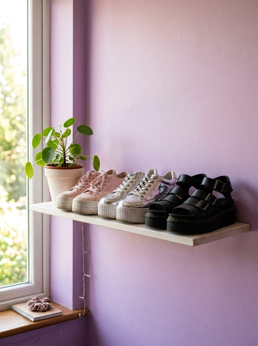 Chunky platform sneakers and sandals displayed on a white floating shelf in a light purple teen bedroom
