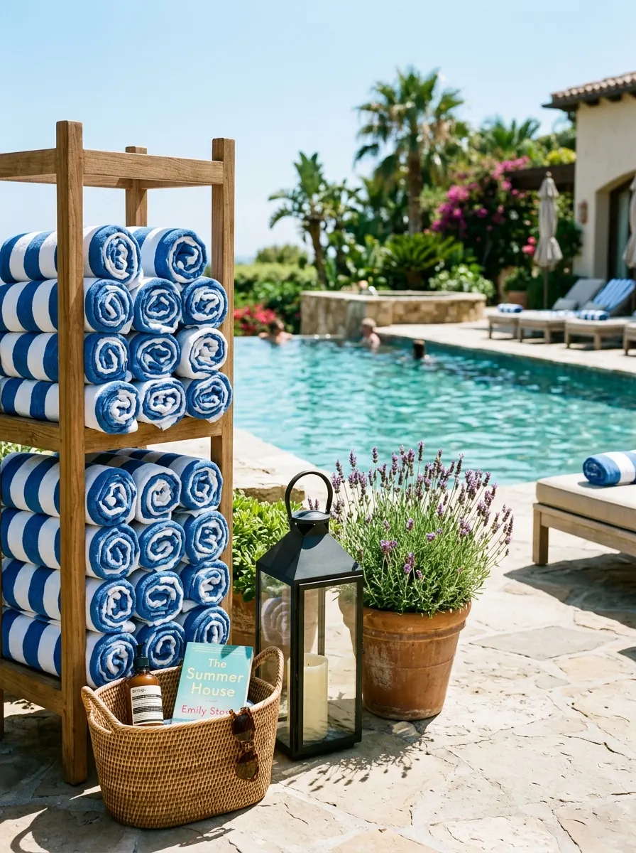 Outdoor pool area with neatly rolled striped towels, wooden storage rack, lavender planter, and lounge seating.