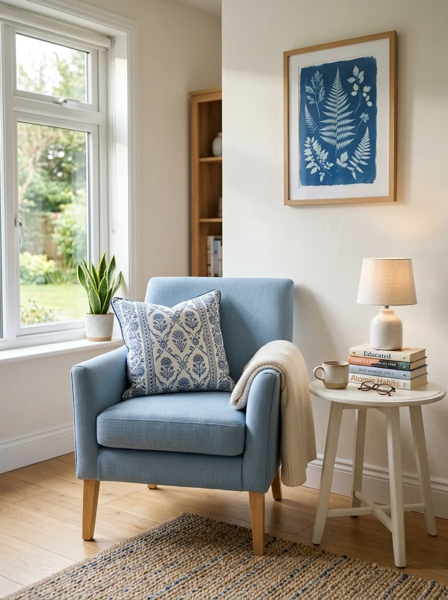 Powder blue linen accent chair in a white and blue living room corner with books and ceramic lamp