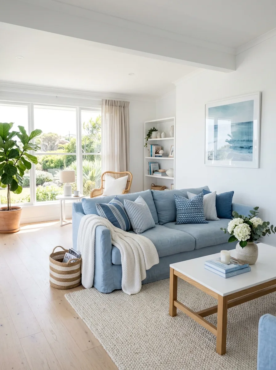 Soft powder blue linen sofa in a bright white and blue living room with natural light and white walls