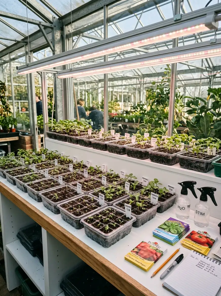Greenhouse propagation station setup with seedling trays, grow lights and organized seed packets as part of a functional greenhouse layout