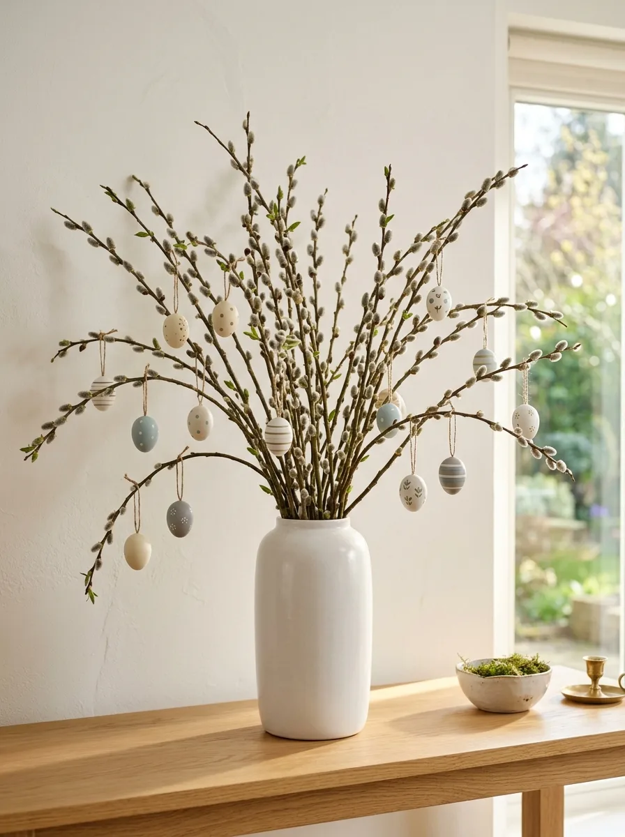 White ceramic vase holding pussy willow branches decorated with pastel hanging eggs on a wooden console table.