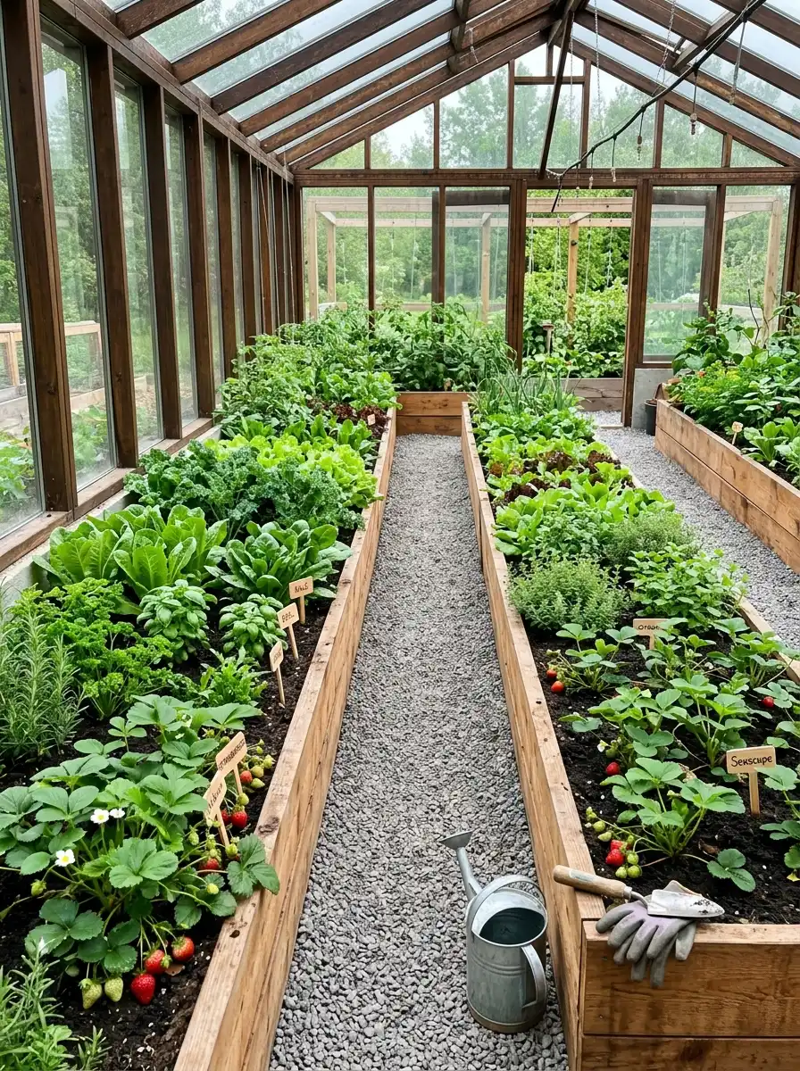 Cedar raised beds inside a greenhouse design ideas space filled with leafy greens, herbs and strawberry plants with gravel aisles