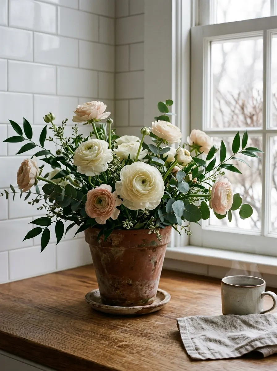 Cream and blush ranunculus flowers mixed with eucalyptus in a weathered terracotta planter by a window.