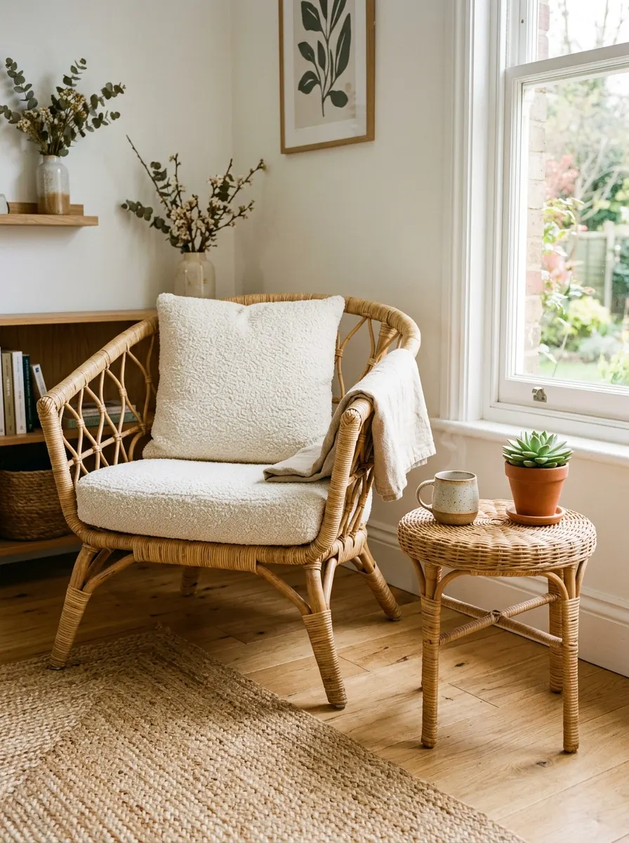 Woven rattan armchair with textured cushion beside a matching side table, plant, and sunlit window.