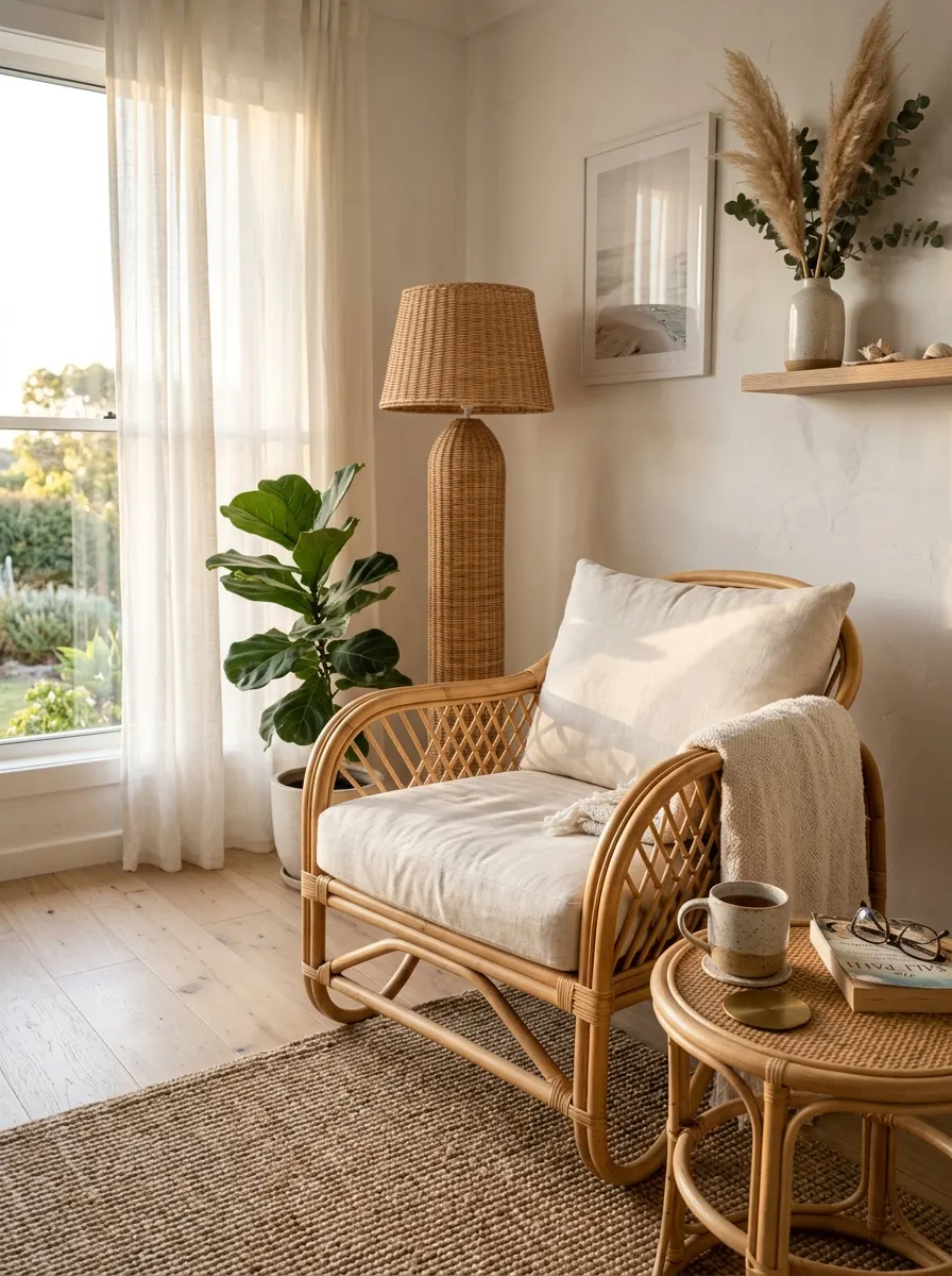 Cozy reading corner with rattan armchair, woven floor lamp, neutral textiles, and indoor plant by the window.