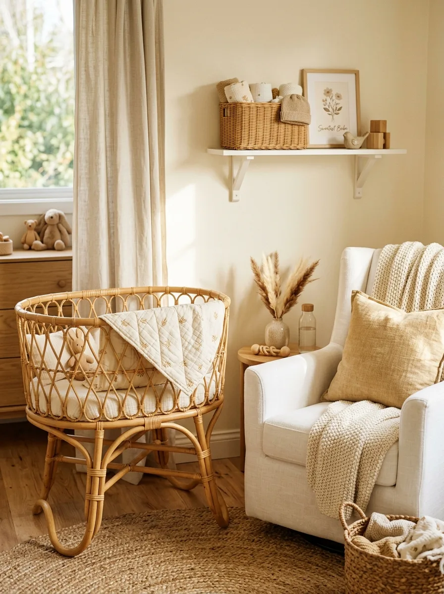 14 French-Inspired Nursery Ideas That Never Feel Outdated 11 Round rattan bassinet beside white armchair and wicker basket shelf in a soft French-inspired nursery