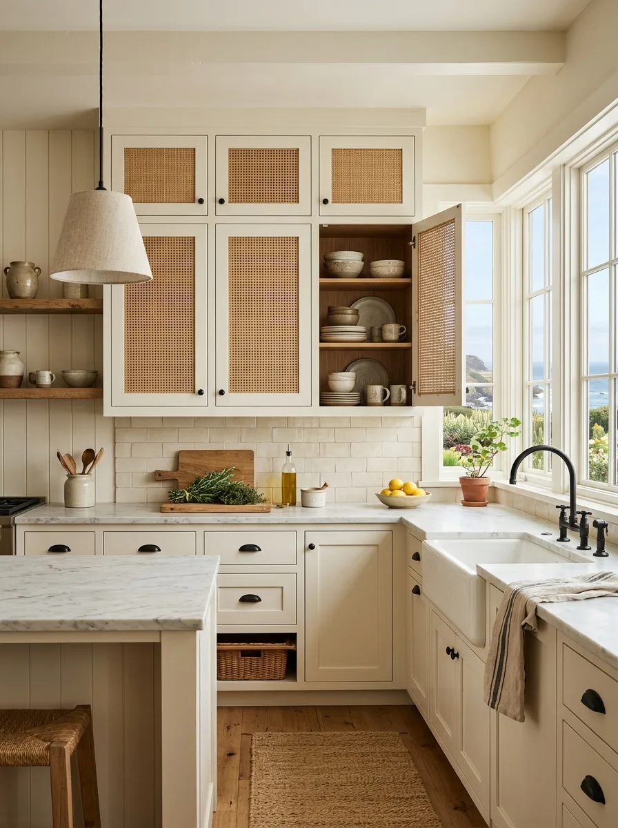 White shaker kitchen cabinets with rattan wicker panel inserts and black iron handles