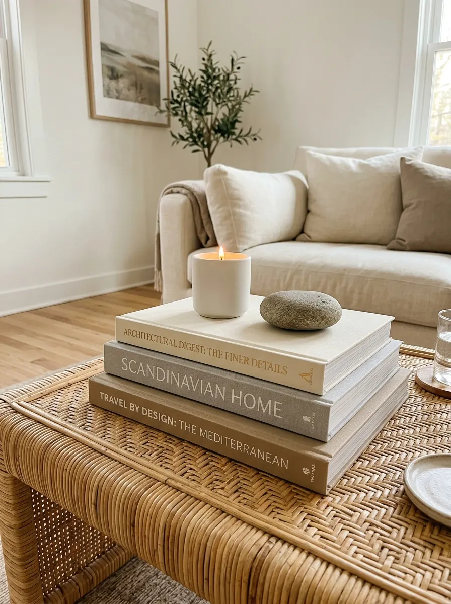 Woven rattan coffee table styled with stacked design books, a white candle, decorative stone, and neutral living room decor.