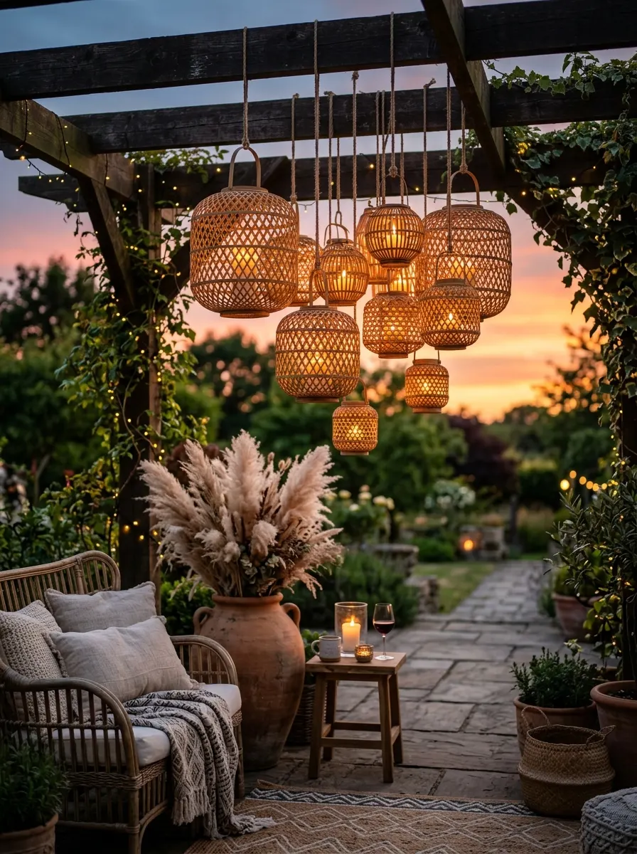 Woven rattan lanterns hanging from a garden pergola casting warm candlelight in a bohemian outdoor seating area