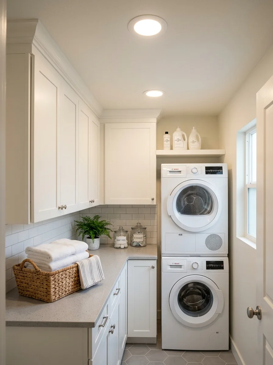 Recessed LED ceiling lights in compact laundry room with white cabinets and quartz countertop — laundry room ideas for small spaces