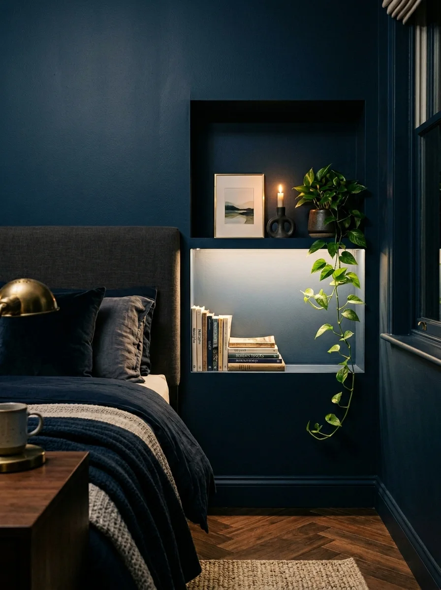 17 Dark Elegant Bedroom Ideas That Feel Cozy, Not Heavy 14 Recessed niche shelf in midnight blue bedroom wall with curated books candle plant and warm LED strip lighting beside the bed