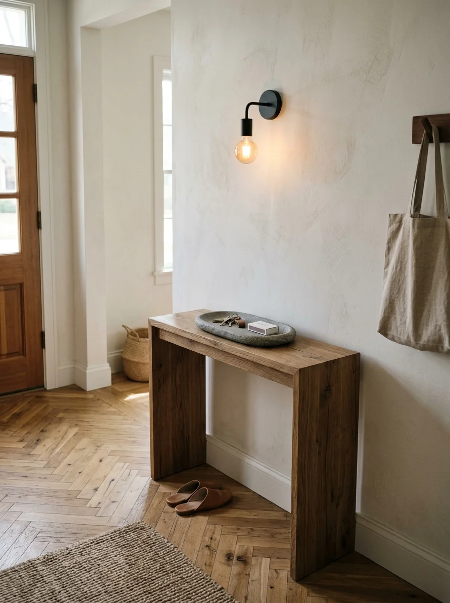 Japandi foyer ideas with reclaimed oak console table, grey stone tray and warm wall sconce on white wall